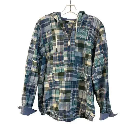 LL BEAN Women’s PATCHWORK Hoodie Anorak SHIRT 1/2 Zip Green Blue Size Large - Picture 1 of 7
